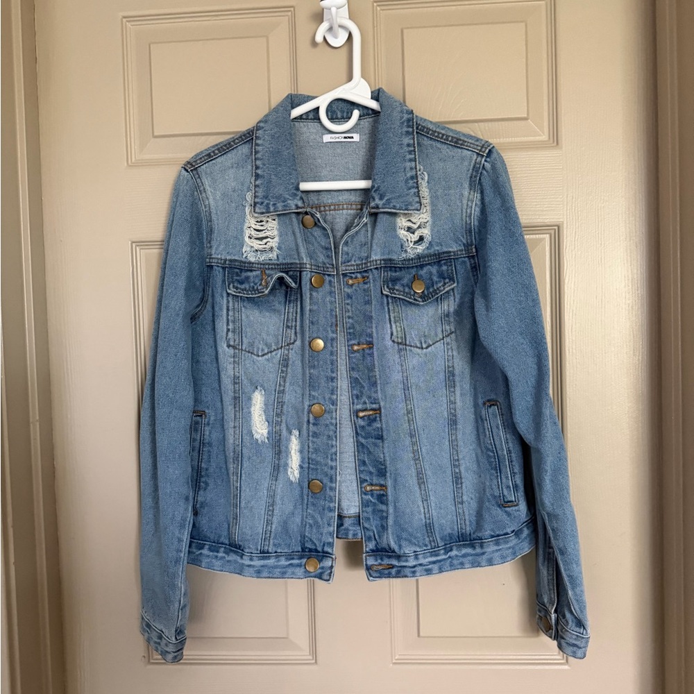 Fashion Nova Light Blue Distressed Jean Jacket
